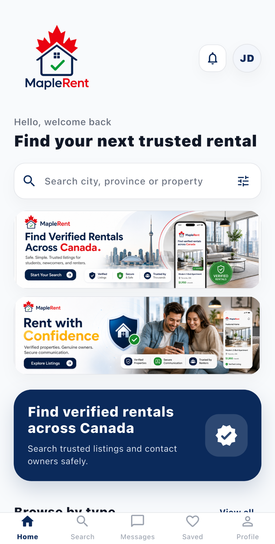 Preview of the MapleRent mobile app home screen